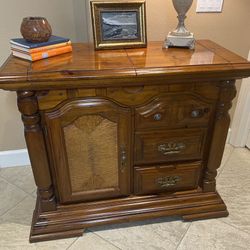 Stunning Vintage Wood and Rattan Sideboard With Flip Top Extensions