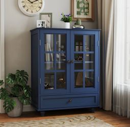 Minimalist Blue Buffet Cabinet with Double Glass Doors and Drawer Modern Wooden Storage Sideboard Cupboard for Living room Dining Room Hallway Entrywa