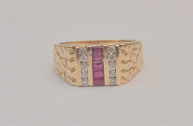 14K Yellow Gold Ruby 0.25 CTW Diamond Men's Nugget Ring Size 11.25