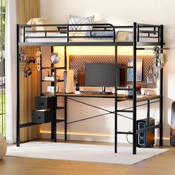 Twin Metal Loft Bed with L-Shaped Desk, Loft Bed Frame with Charging Station, Storage Bed with 2 Drawers & Open Shelf, Safety Guard & Ladder