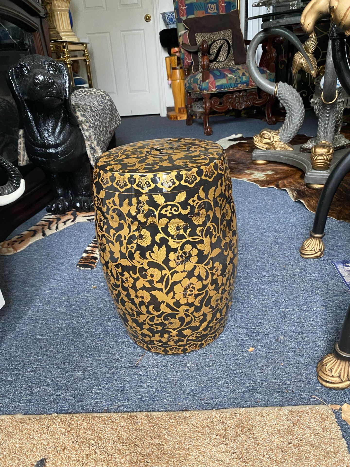 Gump's Hand Painted Black and Gold Porcelain Garden Stool