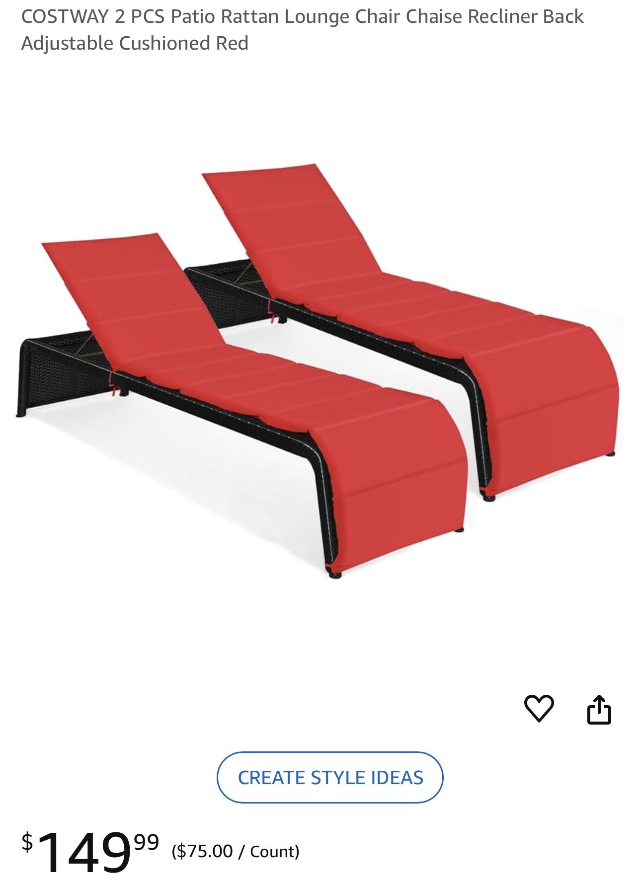 2 PCS Patio Rattan Lounge Chair Chaise Recliner Back Adjustable Cushioned Red