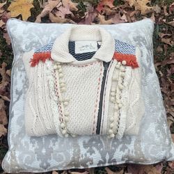 Anthropologie Angel Of The North Pom Pom Crochet Fringe Ivory Sweater Size M 