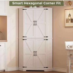 Corner Cabinet, 72" Kitchen Pantry Cabinet, 6-Tier Freestanding Farmhouse Pantry with 2 Adjustable Shelves, 240°Swivel Doors, 2 Doors Storage, Spaciou