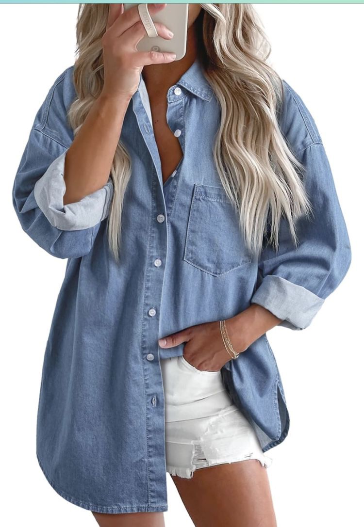 Astylish M blue Blouse Oversized Shirt Long Sleeve V Neck Button top denim jeans