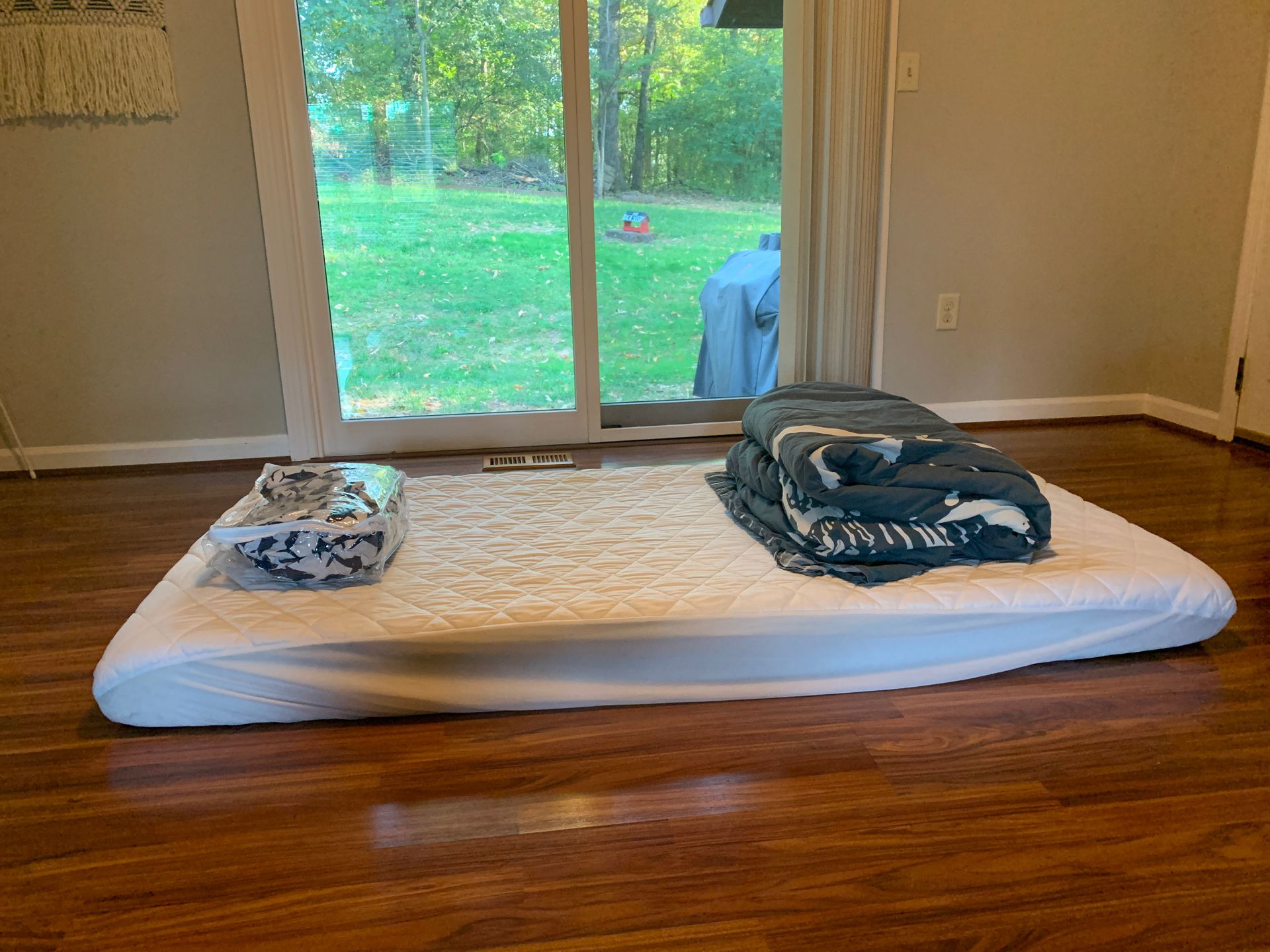 Twin mattress, shark sheet set, twin comforter, mattress pad