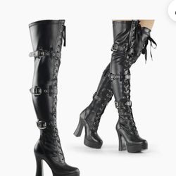 Thigh High  Black Lace Buckle Pleaser Boots  Size 9