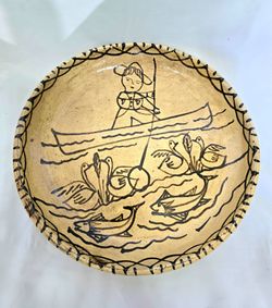 Vintage Tzintzuntzan Plate, Michoacán, Mexico Earthenware, fisherman fishing