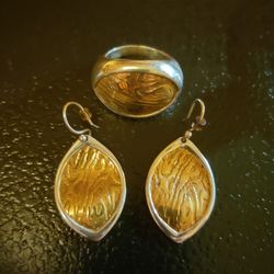 Sterling Silver & Good/Bronze Ring W/ Matching Earrings