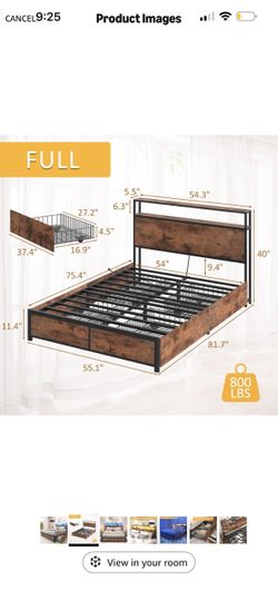 Full size bed frame with LED light strip and drawers