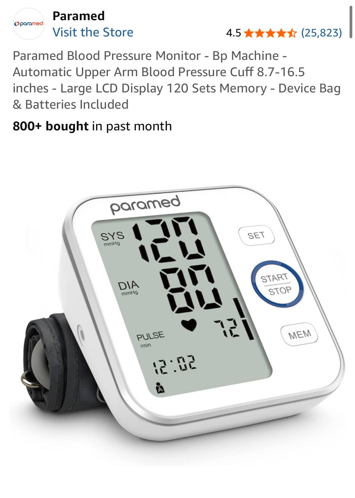 Paramed Blood Pressure Monitor - Bp Machine - Automatic Upper Arm Blood Pressure Cuff 8.7-16.5 inches - Large LCD Display 120 Sets Memory - Device Bag