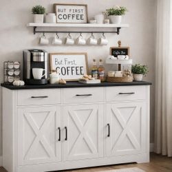 Buffet Sideboard Cabinet, Barn Doors Storage Cabinet with Drawers and Shelves, Wood Coffee Bar with Storage for Dining Room, Kitchen,