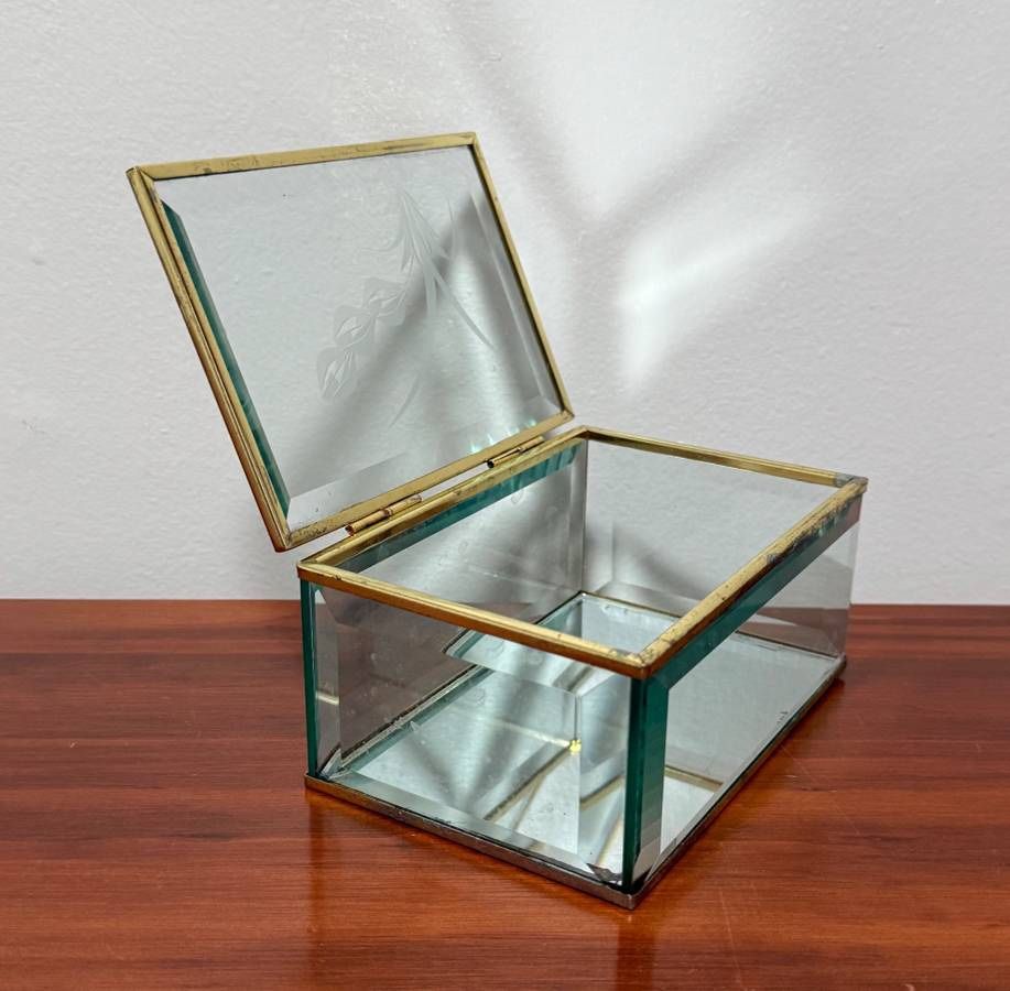 Vintage Mid Century Crystal Beveled Glass And Brass Mirrored Etched Trinket Keepsake Jewelry Box