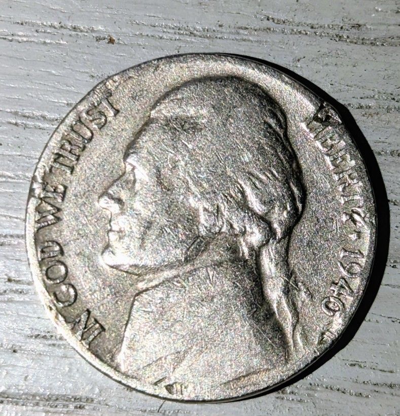 1940 Jefferson Nickel No Mint Mark. Letter Errors & Rim Error