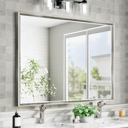 NEW IN BOX - 40 in. W x 30in. H Rectangular Aluminum Thin Framed Wall Mount Beveled Bathroom Vanity Mirror in Brushed Nickel