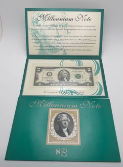 1995 Millennium Note $2 Banknote Thomas Jefferson Presentation Folder.