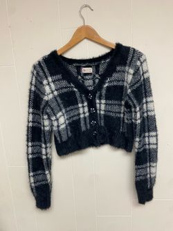 SO Fuzzy Plaid Cropped Cardigan XL