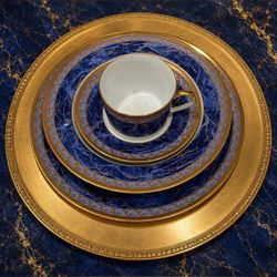 5pcs Christian Dior Azure Royale Fine Original Art Service 90s Vintage Porcelain REAL GOLD GILT Dinner and Salad Plate Soup Bowl Cup Saucer HILLCREST