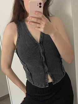 SHEIN: Gray Ribbed Knit V-Neck Button Front Cropped Sleeveless Tank Top, S