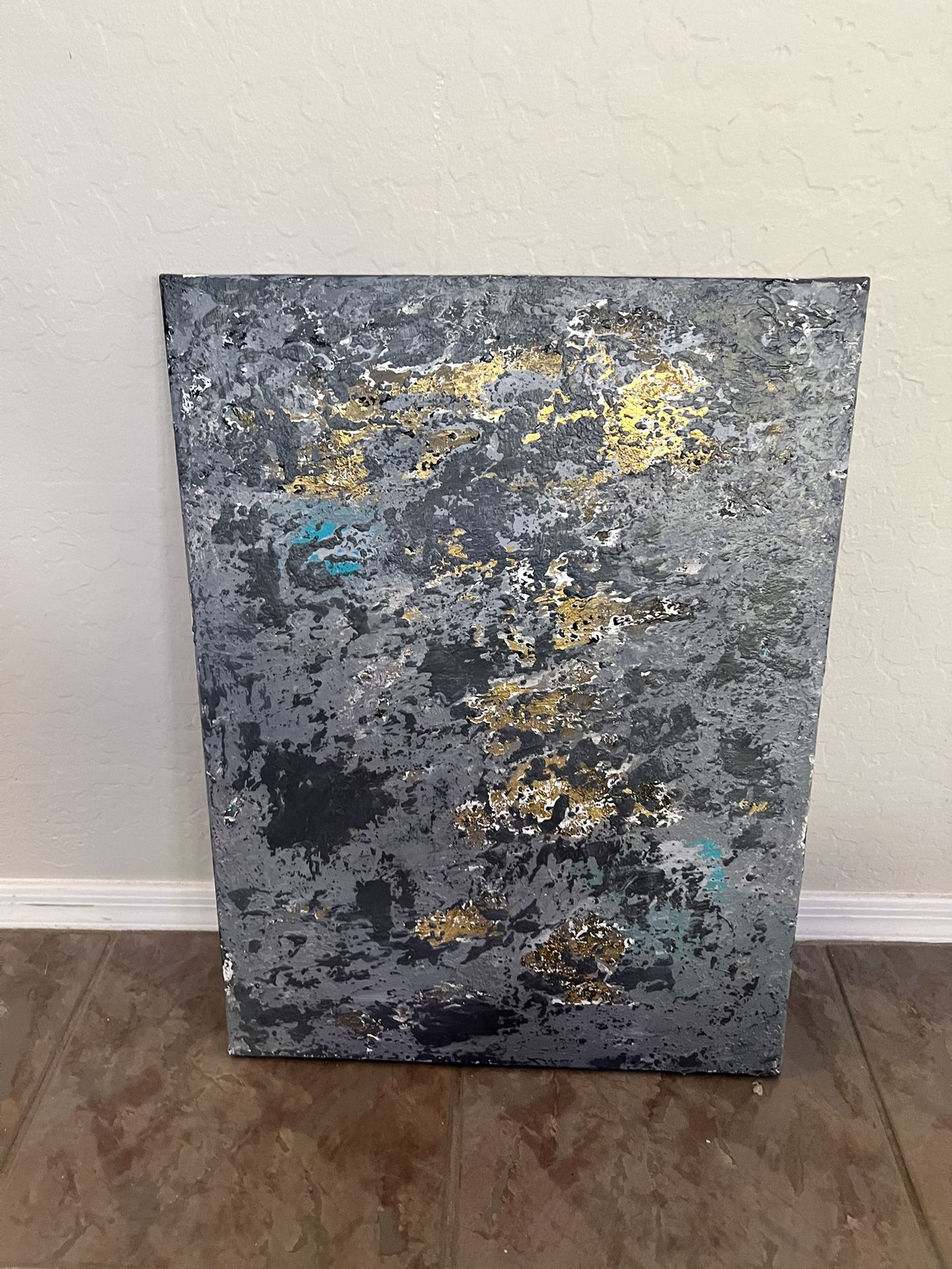 24x18 BRAND NEW Hand Painted Textured Grey Gold And Turquoise Original Abstract
