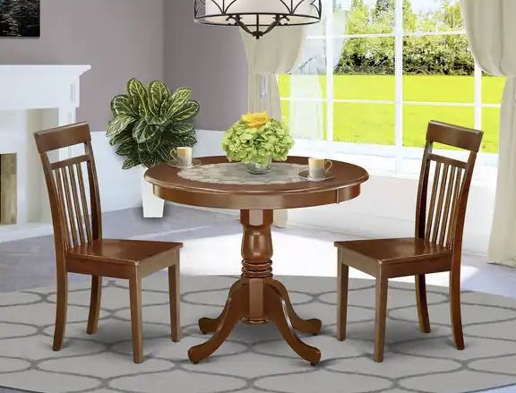 East West Wood Round Kitchen Table with 2 Chairs, Mahogany 