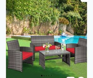 Costway 4pcs Patio Rattan Conversation Glass Table Top Cushioned Sofa Red