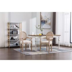 French Vintage Dining Armchairs Set of 2, White Polyester Upholstery, Rattan Mesh Backrest, Rubber Wood Frame