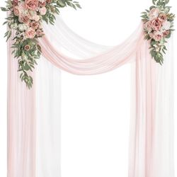 Ling's Moment Pink Artificial Wedding Arch Flowers Kit Pack Of 4, 2pcs Hanging Flower Arrangement 2pcs Chiffon Drapes Ceremony Reception Spring Silk R
