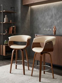 Swivel Bar Stool – set of two-Cream Faux Leather & Walnut Wood, Mid-Century Modern, Footrest, Upholstered Seat