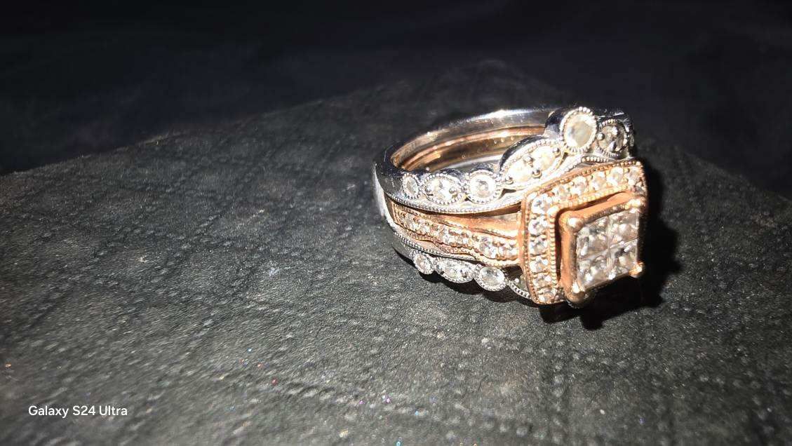 Women’s Rise Gold Wedding Ring And Band Both Embezzled With Natural Diamonds.
