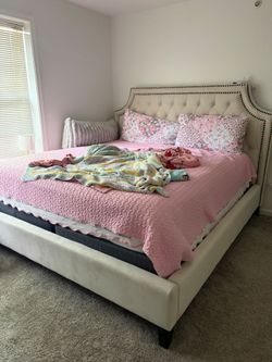 King Tufted Upholstered Bed Frame & Headboard + Box Springs (No Mattress)
