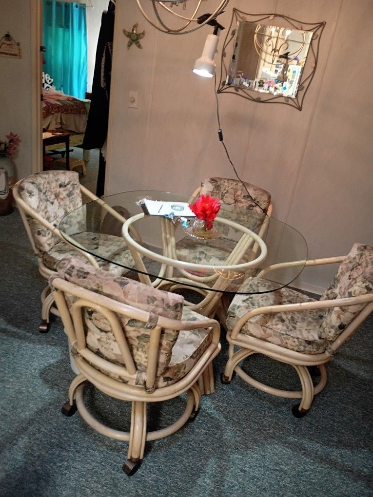 Dining Room Set Glass And Bamboo Rolling Chairs