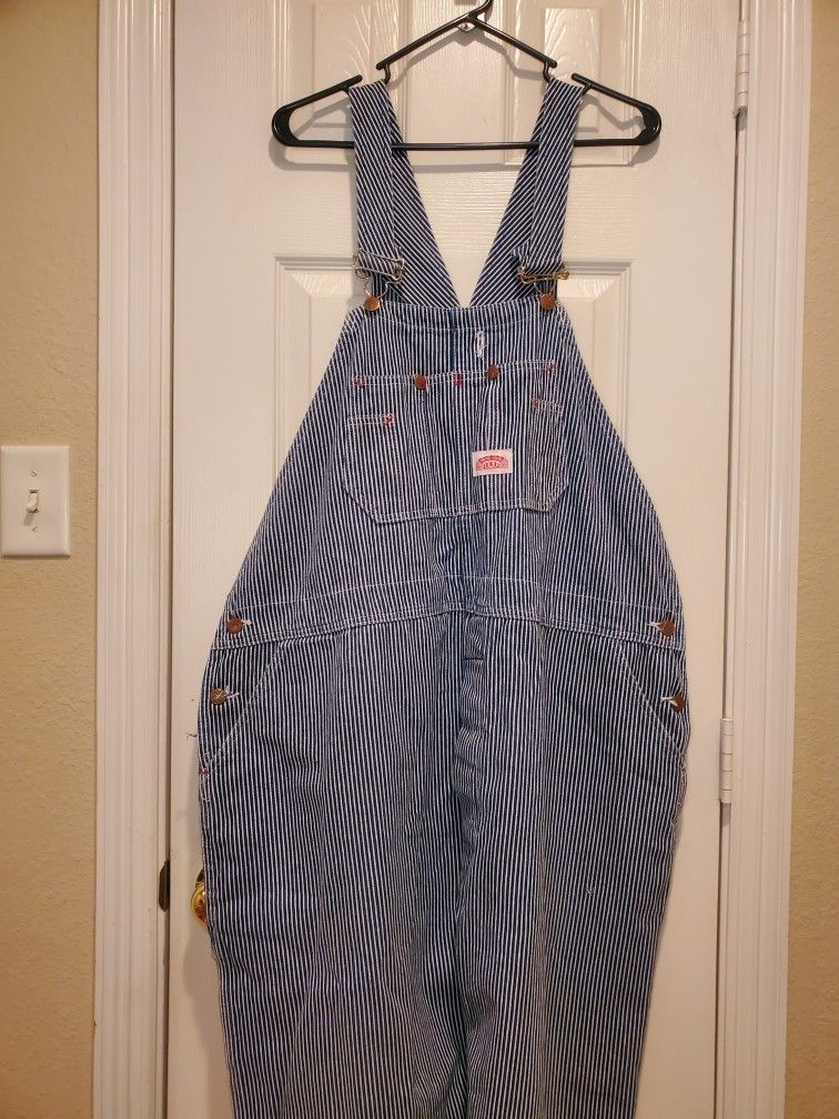 Vtg Men's Round House Blue & White Striped Bib Overalls Denim 50x28 Button Fly