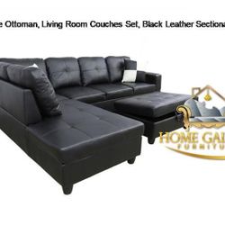 Sectional Sofa Black Faux Leather 3-Piece Couch Living Room Sofa Set  including storage ottoman