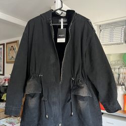 NWT! Women’s Denim mid-length jacket with soft fleece lining, adjustable drawstring waist for a flattering fit. Size: M (fit M to L)