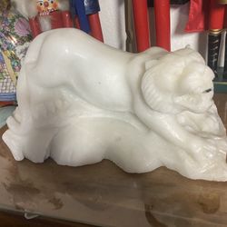 Hand-Carved White Stone or Marble Lion/Tiger Figurine