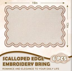New Set of 6 Beige Linen Embroidered Scalloped Kitchen  Placemats, Place Mat