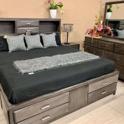 Caitbrook Gray Bookcase Storage Bedroom Set (Queen and King Bed Frame