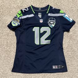 Youth M on FIELD NIKE SEAHAWKS jersey 12s FAN NAVY BLUE LIMITED EDITION PATCHES