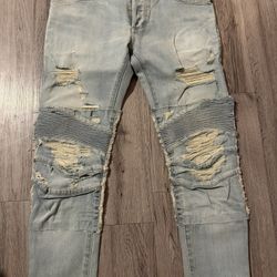 Balmain Biker Moto Distressed Jeans – Light Wash – Size 32 