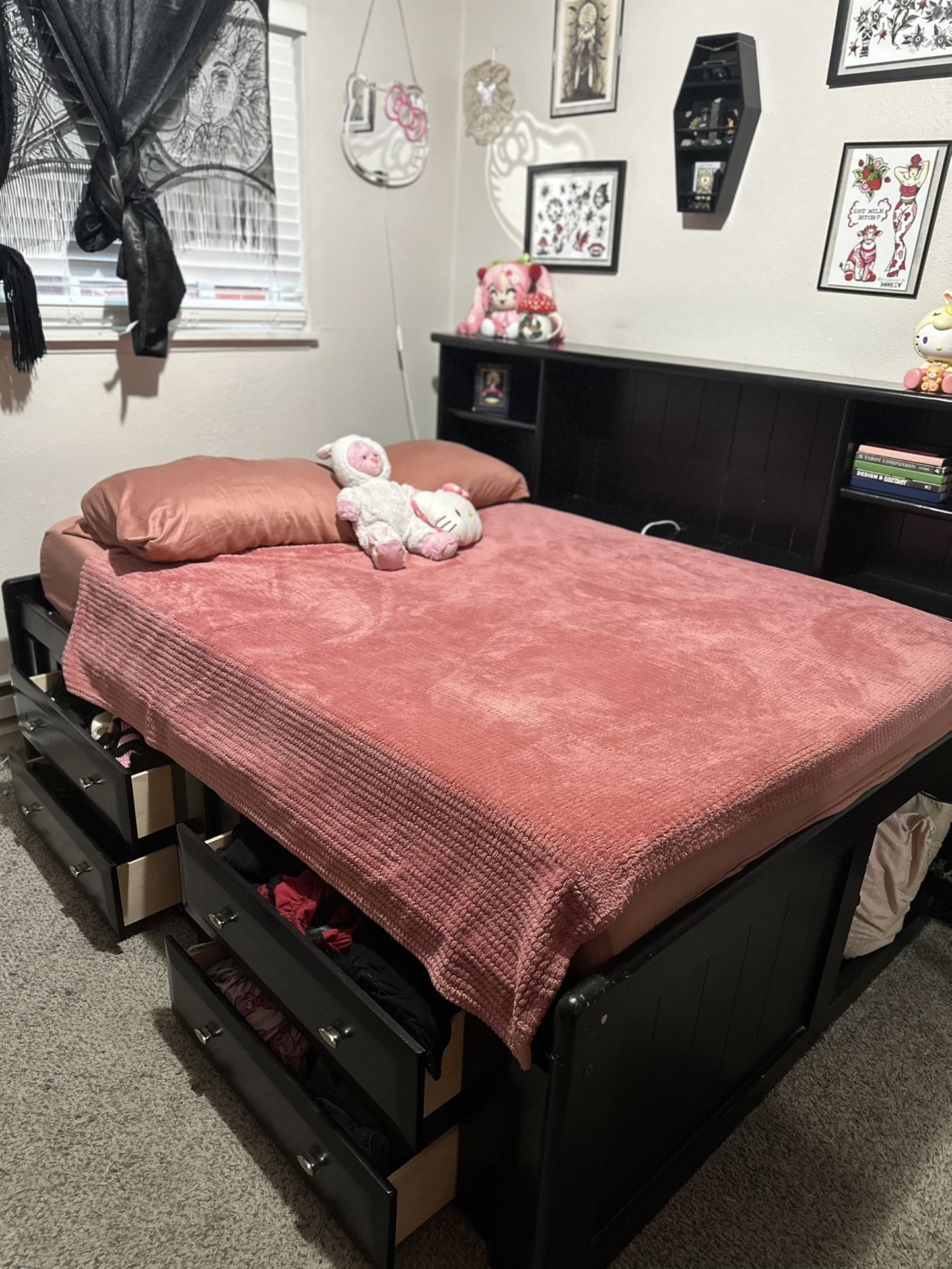 bed frame with shelves and drawer storage