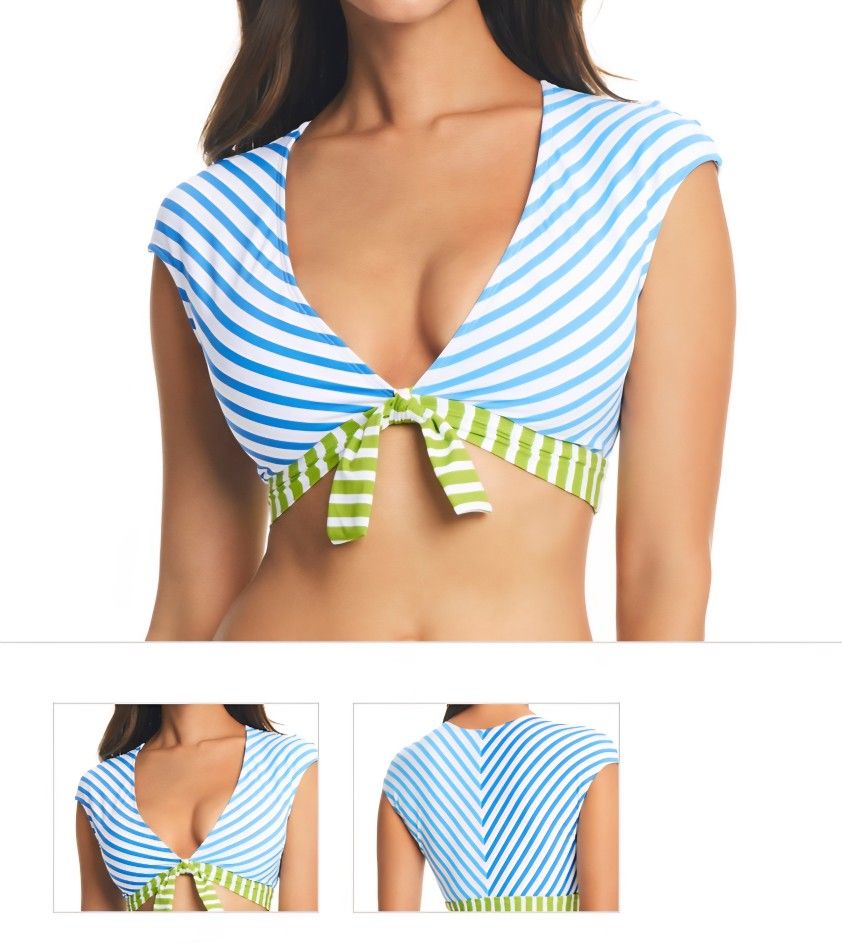 Smooth Operator Tie Front Cap Sleeve Bikini Crop Top in Stripe, Size 6