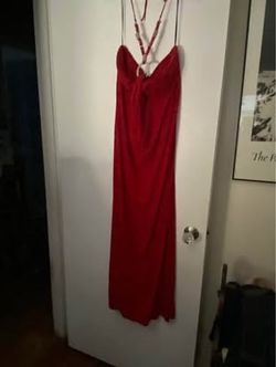 Red halter top full length dress with rhinestone addition
