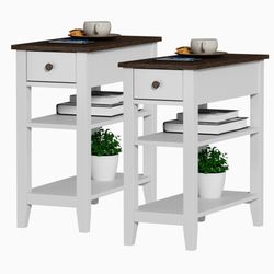 ChooChoo Side Table Living Room Set of 2, Narrow End Table with Drawer and Shelf, 3-Tier Sofa End Table for Small Space, White and Brown