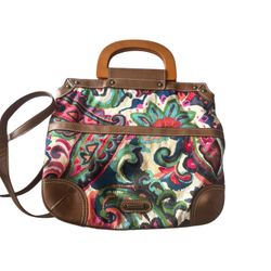 Nine West Fabric Purse Wooden Handles Shoulder Strap Snap Close Multicolor  Nine West Fabric Purse Wooden Handles Shoulder Strap Snap Close Multicolor