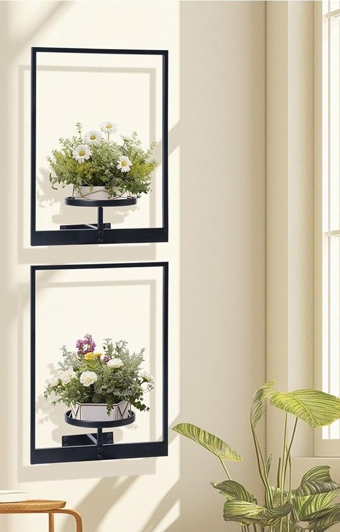 NEW! Plant Picture Frame Wall Planters, Black Metal, 2 piece set, 12" x 16" x .75" (planter 6" round)