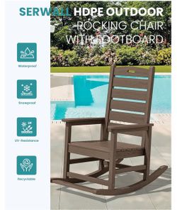 SERWALL HDPE Outdoor Rocking Chair with Footboard, HDPE All-Weather, Coffee Oversized HDPE Rocking Chair with Footrest for Adults, All Weather Porch R