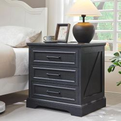 Farmhouse 3-Drawer Nightstand, Wide End Table with Charging Station - Black