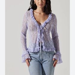 Womens ASTR The Label Sheer Lace Ruffled Cardigan Lavender Romantic Whimsical L