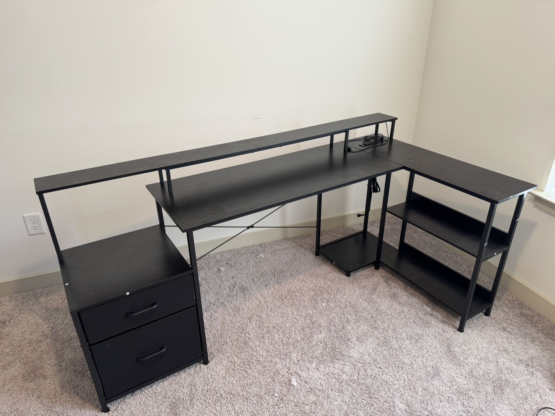 ODK L Shaped Desk with File Drawer, 75" Reversible L Shaped Computer Desk with Power Outlet & LED
